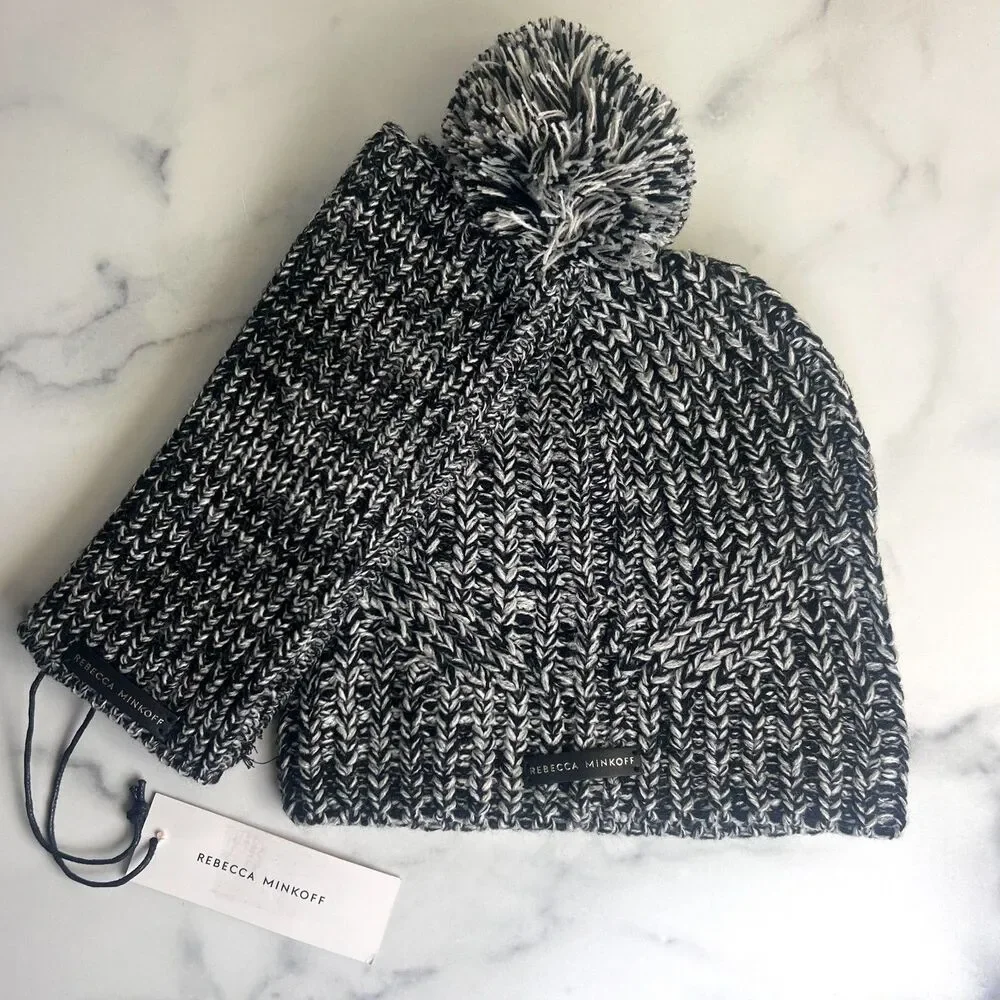 Rebecca Minkoff Marled Pom Pom Beanie Hat & Arm Warmers Set Open Fingers NWT